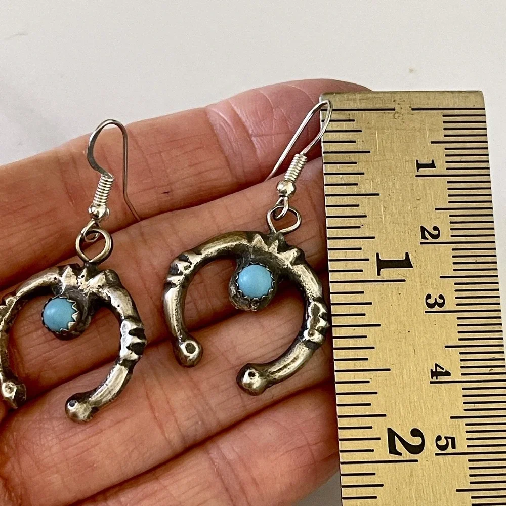 Navajo Naja Earrings Turquoise 1.75in Signed CY Sterling‎ Matte Hook Dangle